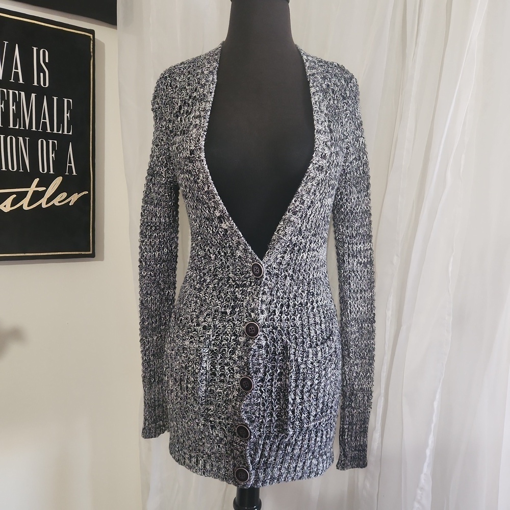 American Eagle Black Marled Knit V Neck Pocket Front Cardigan Womens Teens XS